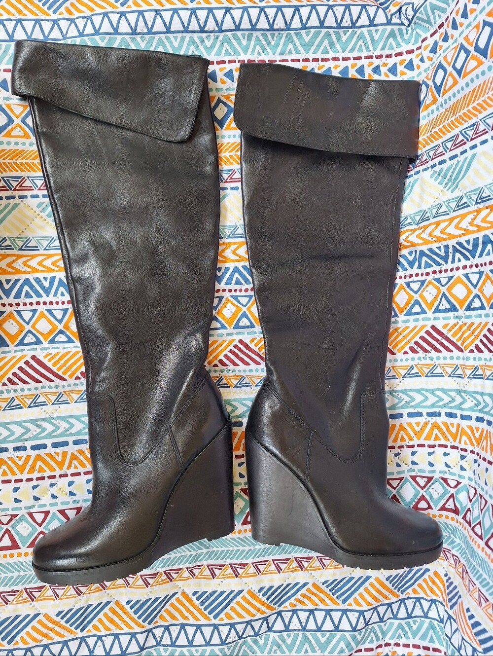 Lauren Ralph Lauren Wilda Black Leather Wedge Knee High Foldover Boots Size 6.5
